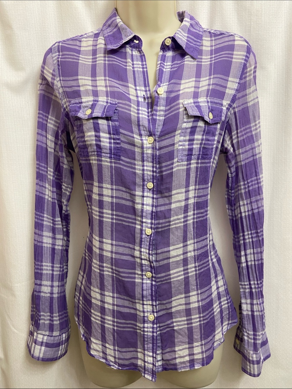 Old Navy Semi Sheer Lightweight Cotton Putple Plaid Button-Down Shirt